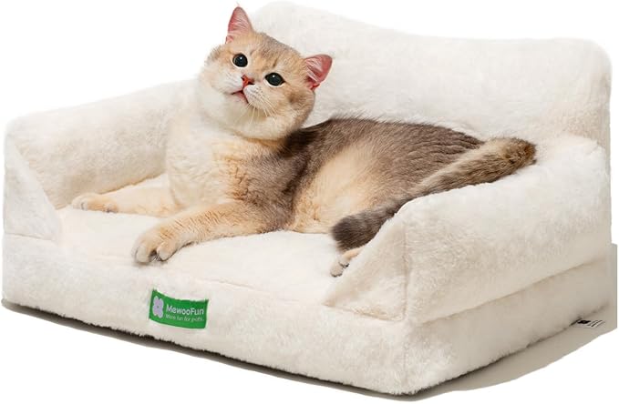 MEWOOFUN Cat Couch Bed for Indoor Cats, Fluffy Cat Sofa with Removable Washable Cover, Cute Cat Bed with Non-Slip Bottom, Pet Beds for Cats and Pups(White,S)