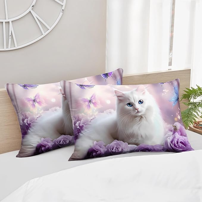 AILONEN Girls Cat Kitten Comforter Set Full Size,Purple Rose Butterfly Cat Princess Kids Bedding Set,White Cat Comforter with 2 Pillowcases,Beautiful Cat Duvet Set 3 Pieces