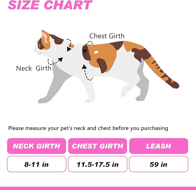 Cat Harness and Leash Set Escape Proof for Walking, Adjustable Cute Kitten Harness Leash with Airtag Holder for Small Large Cats, Lightweight Soft Walking Travel Harness (Pink)