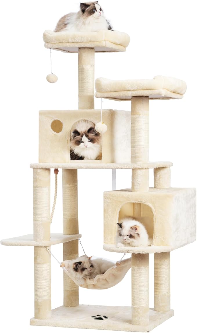 Hey-brother Large Multi-Level Cat Tree Condo Furniture with Sisal-Covered Scratching Posts, 2 Bigger Plush Condos, Perch Hammock for Kittens, Cats and Pets Beige MPJ020M