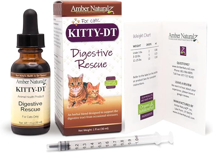 AMBER NATURALZ Kitty-DT Digestive Rescue Herbal Supplement for Cats | Feline Herbal Supplement for Occasional Upset and Digestive Support | 1 Fluid Ounce Glass Bottle | Manufactured in The USA