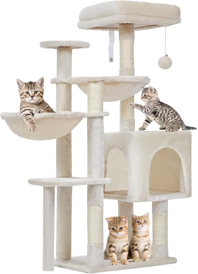 Taoqimiao Gothic Cat Tree, 39.4-Inch Cat Tower for Indoor Cats,Suitable for Kittens,Plush Cat Condo with 5 Scratching Posts, Plush Perch,2 Hammock,Pompoms, MS019M Beige