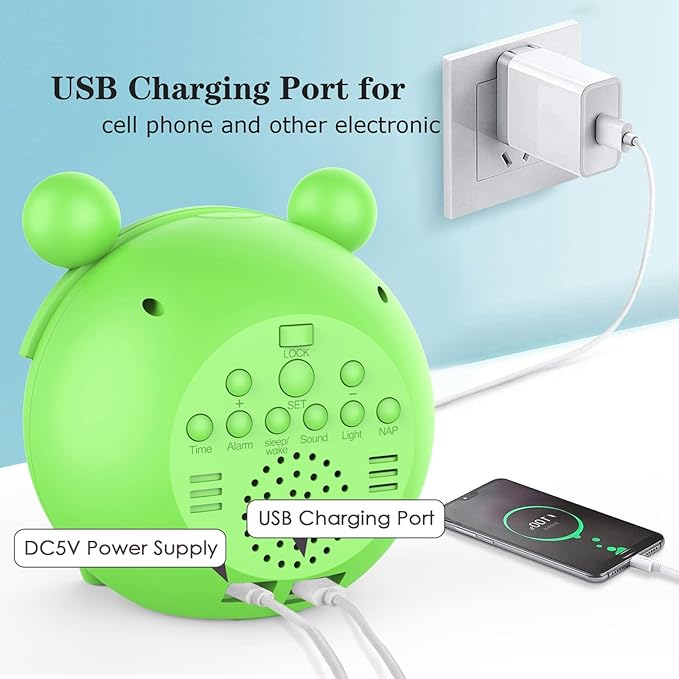 Alarm Clock for Kids Sleep Training Clock with Night Light, Sound Machine, Nap Timer, Snooze, 12/24H, Cute Bedside Clock for Toddlers Girls Boys, Birthday Gift