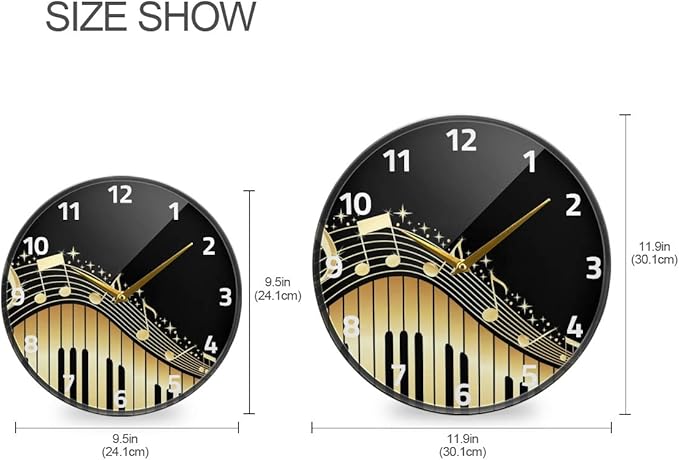 ALAZA Music Notes with Piano Keys Wall Clock Battery Operated Silent Non Ticking Clocks for Living Room Decor 12 Inch / 9.5 Inch
