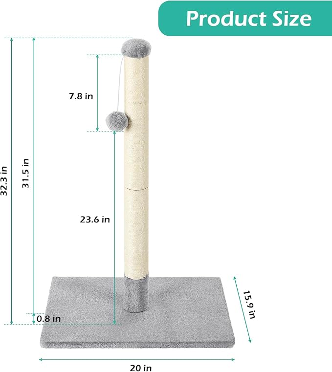 32" Tall Scratching Posts for Indoor Cats Adults Cat Scratchers with Interactive Hanging Toy Ball Cat Scratch Furniture Protector Scratcher Post with Stable Heavy Base, Light Grey
