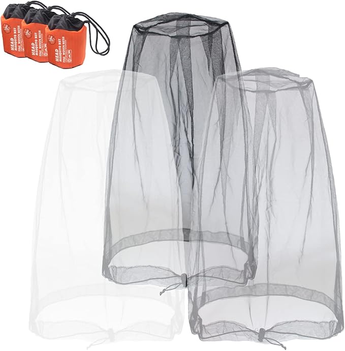 Anvin Mosquito Head Mesh Nets Gnat Face Netting for No See Ums Insects Bugs Gnats Biting Midges from Any Outdoor Activities, Works Over Most Hats Comes with Free Stock Pouches (3pcs, Grey+Black+White)