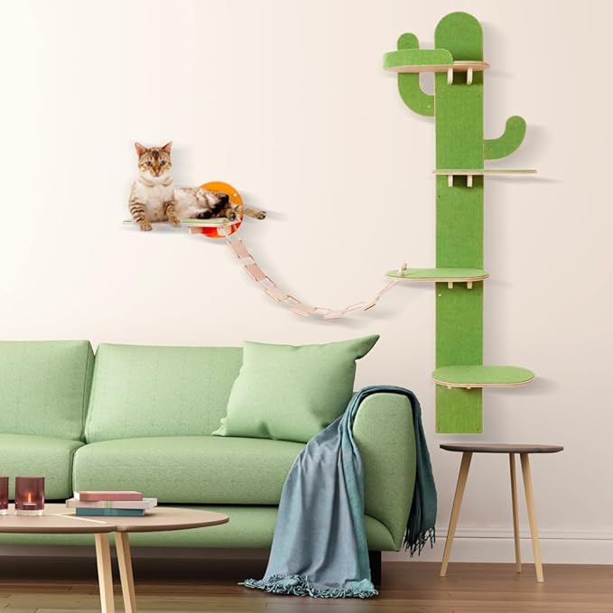 Docal Cat Climbing Tower Wall,Cat Wall Shelves with Cat Tree Tower Cactus Shape with Carpeted Plank for Indoor Cats,Suitable for Indoor Cats Climbing Tower Activity Wood Cat Wall Furniture