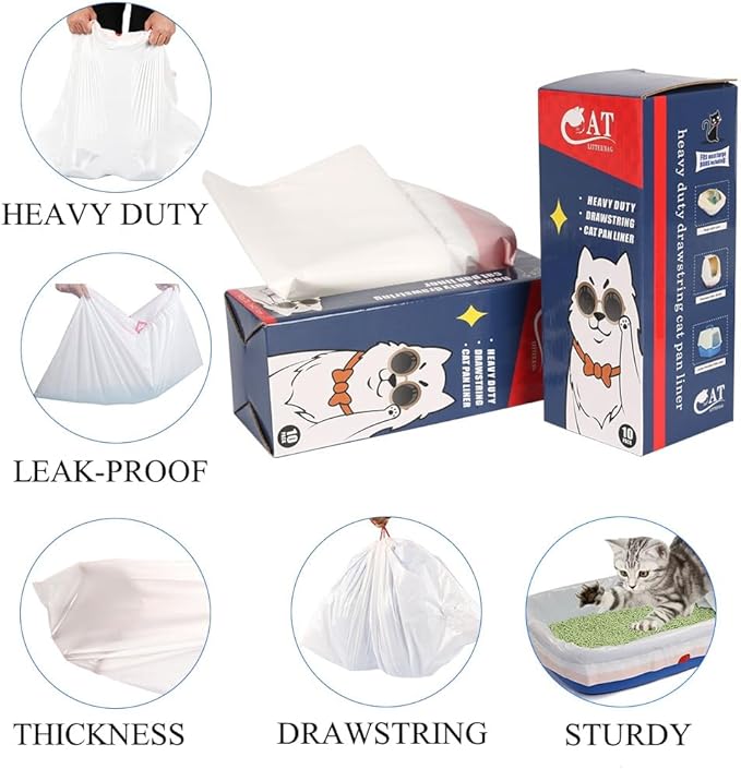 10 Count Litter Box Liners Jumbo, Heavy Duty Cat Litter Box Liners: Tear & Leak Resistant - Drawstring Close - Size: 36 * 19 Inch (10 Count Unscented)