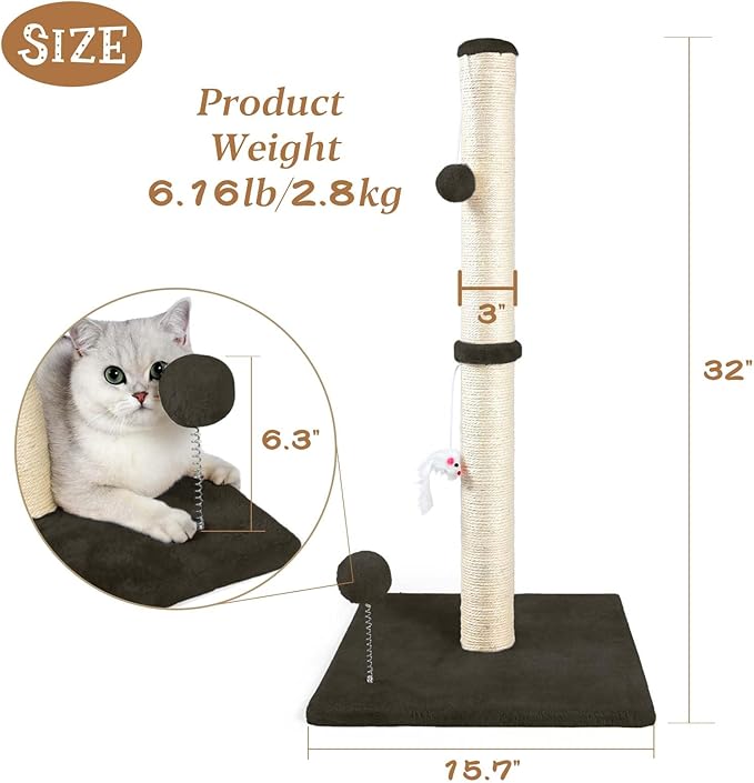 ANWA 32" Tall Cat Scratching Posts for Indoor Cats, 3-in-1 Cat Scratching Post with Plush Toys, Premium Sisal Post for Cats at All Ages with Reinforced Stable Base, Brown