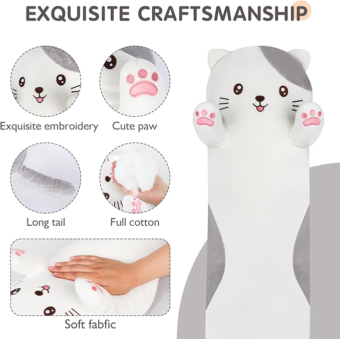 28 inch Cat Plush Body Kitty Pillow, Soft Giant Doll Cute Kitten Squishy Cat Stuffed Animal Toy Gifts for Kids, Birthdays
