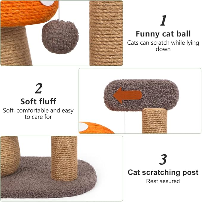 RAIN QUEEN Mushroom Cat Scratcher Post, Mushroom Cat Tree & Cat Toys, Scratching Posts for Indoor Cats with Natural Sisal Rope Cat Tower to Satisfy Cats’ Claw Instincts, for Kittens Or Smaller Catcat