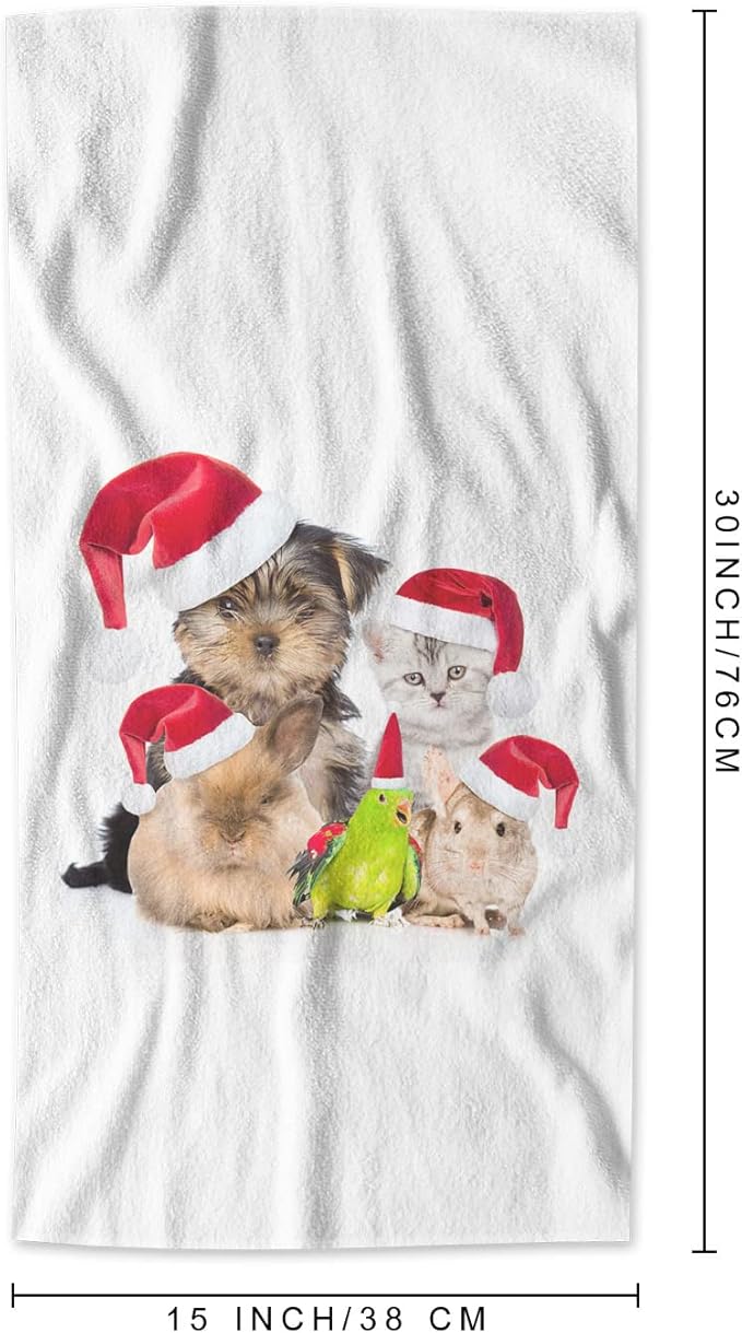 AOYEGO Dogs Cats Bathroom Towels Rabbits Bird in Christmas Red Hats Animal Family Soft Bath Hand Towels Microfiber Kitchen Hotel Spa Hand Towels 15x30 Inch