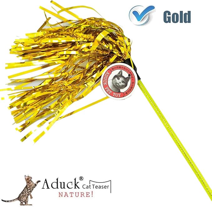 ADUCK Cat Toys Interactive Teaser Wand Toy with Tassels Worms Catcher for Cats Kitten (Pack of 3 Gold + Silver + Green)