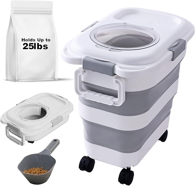 25 lbs Dog Food Storage Container,Collapsible Dog Food Container with Travel Silicone Bowl and Scoop,Pet/Dog/Cat/Bird Food/Cat litter Storage Containers to Keep Dry,Easy to Move.(white)