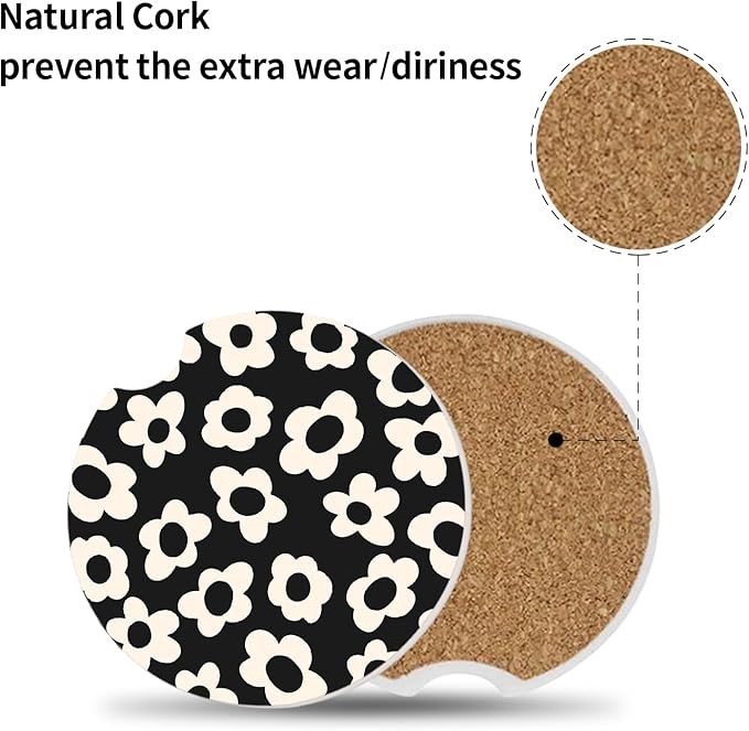 Absorbent Car Coasters 2 Pack for Cup Holders, 2.56" Ceramic Stone & Non-Scratch Cork Base Drink Coasters(White Flower)