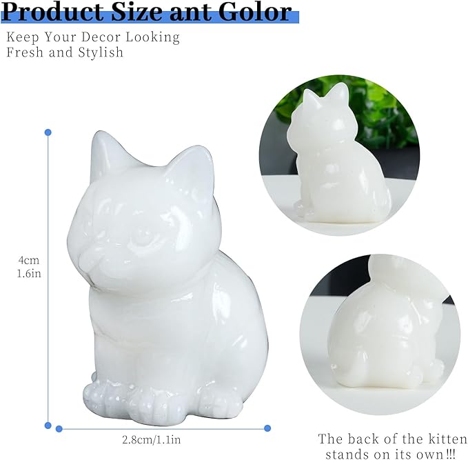1.6 Inch Crystal Cat Statues, White Marble Cat Figurines, Healing Crystal Kitty Figurine Decor, Cute Lucky CatStatues for Gifts, Handcrafted White Jade Figurines for Home Ornaments