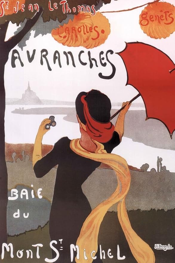 Albert Bergevin Avranches Baie du Mont St Michel 1910 Vintage Ad French Travel Advertisement Woman With Umbrella Cool Wall Art Print Poster 16x24