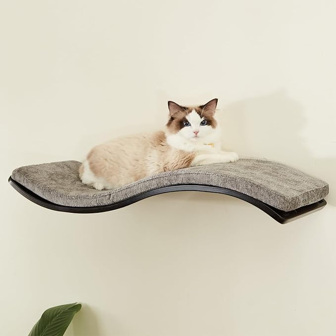 Cat Shelf with Comfortable Cat Cushion - Wave Modern Cat Bed - Minimalistic Floating Cat Wall Perch - Wooden Wall Mounted Cat Furniture for Sleeping, Playing, Climbing, and Lounging, Walnut