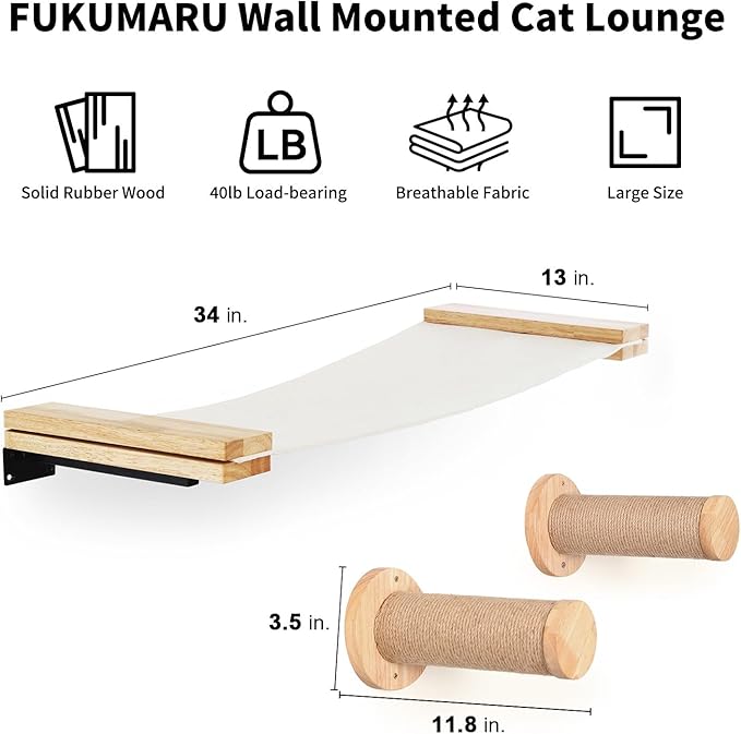 FUKUMARU Cat Wall Furniture, 2 PCS Cat Wall Climbing Shelves Set, Solid Rubber Wood Cat Shelf, Cat Shelves and Perches for Wall Sleeping, Playing, Climbing and Lounging, 16 inch Drywall Installation