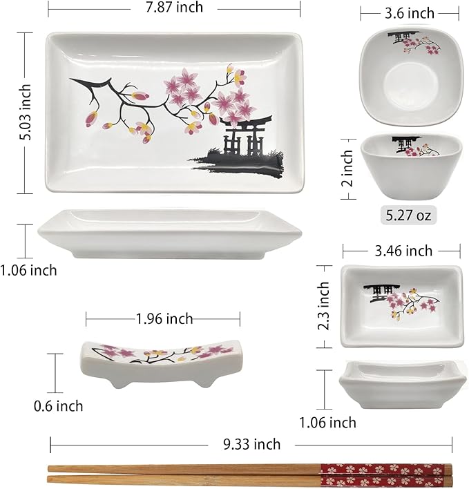 8 pcs Japanese Sushi Plate Sets Serving Platters and Trays for Entertaining Sushi Dishes Set Plates Sushi Plates Traditional Cuisine Dinnerware Sets with Chopsticks Pink Sakura