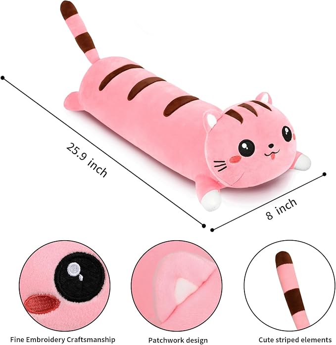 AFAN Long Cat Plush Cute Cat Body Pillows Kawaii Stuffed Animals Plushies Soft Cuddly Cotton Plush Toys Room Decor Gifts for Kids Girls Boys Adults (Pink, 25.9 Inch)