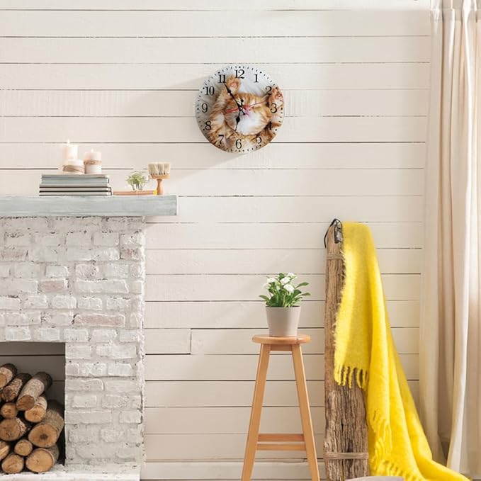 Ansouyi Round Wall Clock Battery Operated Clocks Wallclock 10 Inch,Cute Little Ginger Cat Sleeps Silent Non Ticking Wall Clock for Living Room,Kitchen,Home,Bathroom,Bedroom,Office or School