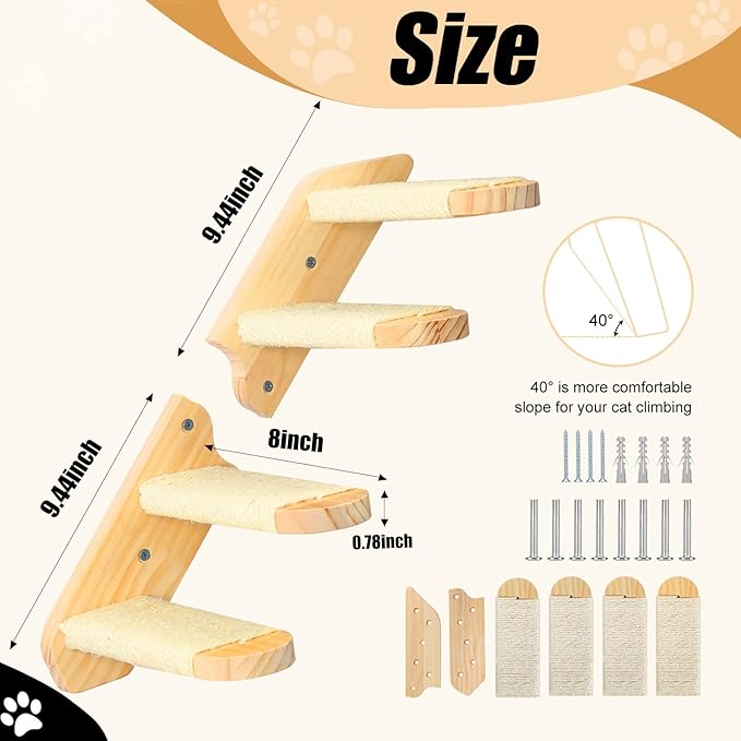 Cat Wall Steps Shelves Cat Climbing Shelf Reversible Wall Mounted, Wooden Four Step Cat Stairway with Scratching Sisal Rope for Cats Perch Platform Supplies Large Cats Scratching Post Activity Tree