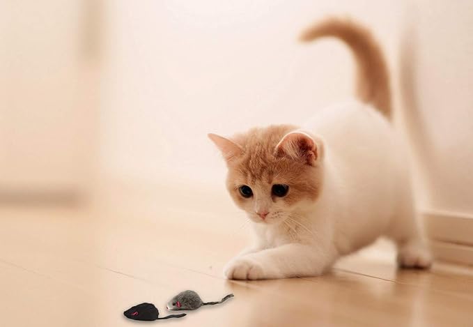 60 Furry Mice with Catnip and Rattle Sound Made of Real Rabbit Fur Interactive Catch Play Mouse Toy for Cat, Box of 60 Mice