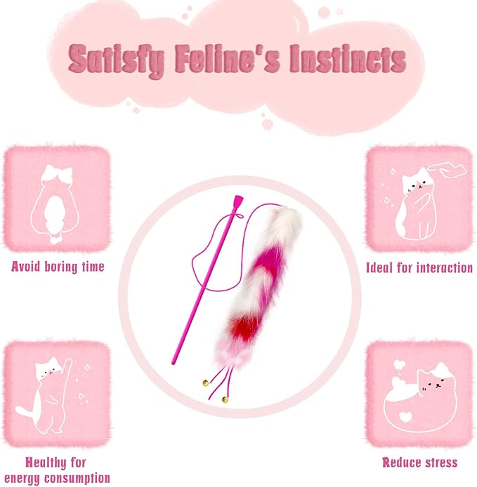 2 Pack Cat Wand Toy, Rainbow Cat Feather Toys with Bells, Cat Teaser Wand with Soft Furry Tail, Interactive Cat Toys for Indoor Cats & Kitten & Kitty