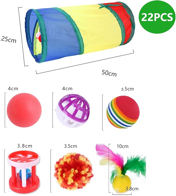 22 PCS Cat Kitten Toys Set,ncluding Interactive Feather Teaser Toy, Mouse Tumbler, Mylar Crinkle Balls Bells Toys with Collapsible Tunnel (Random Color)