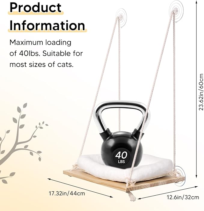 Cat Window Perch, Cat Hammock Window Seat with Cushion Bed Cover - Solid Wood Seat & Strong Suction Cups - Hanging Cat Window Bed Cat Shelf for Small Medium Indoor Cats