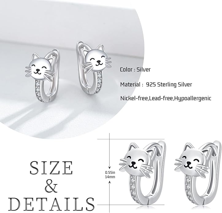 925 Sterling Silver Cat Earrings Cute Animal Kitten Stud Earrings cat Jewelry Gifts for Women Girls Hypoallergenic Earrings for Sensitive Ears