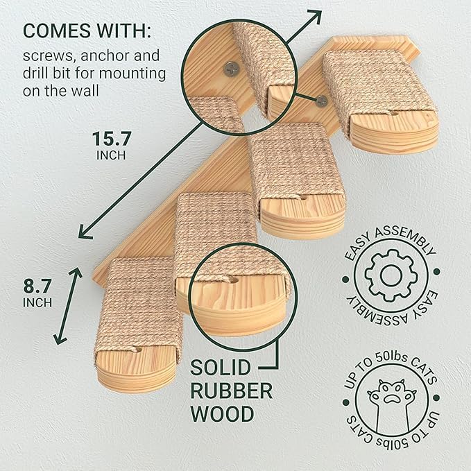 Skywin Cat Steps - Grey Solid Rubber Wood Cat Stairs Great for Scratching and Climbing - Easy to Install Wall Mounted Cat Shelves for Playful Cats (Grey)