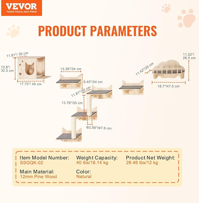 VEVOR Wall Mounted Cat Shelves, Cat Wall Shelves and Perches with Jumping Boards, Nest, Barrier Board & Cat Tree, Cat Floating Furniture up to 40 lbs for Sleeping, Playing, Climbing, Set of 5