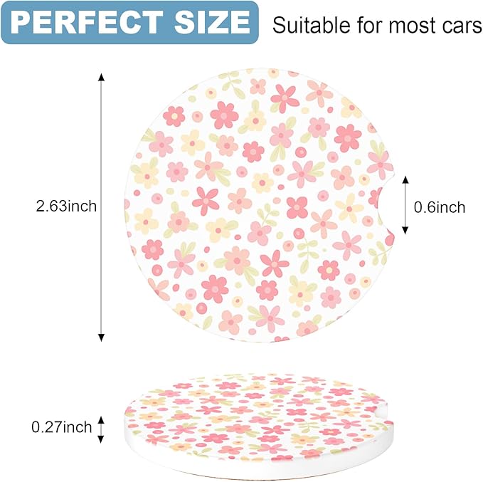 2 Pack Car Cup Holder Coaster, 2.63 inch Anti Slip Insert Absorbent Ceramic Car Coaster with Cork Base and Finger Notch, Cute Car Accessories Interior for Women, Cute Car Coasters.
