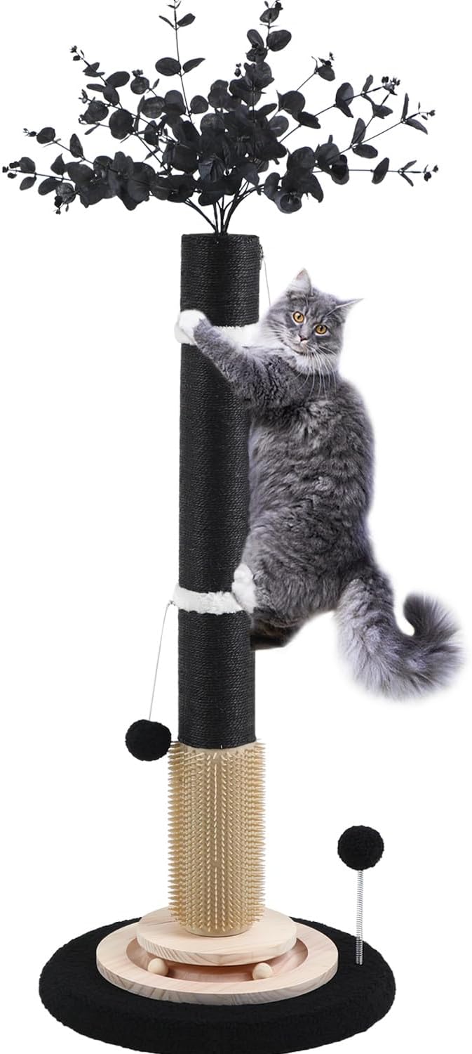 Scratching Posts for Indoor Cats Adults,45'' Tall Gothic Scratching Post with 3.5Inch Diameter Sisal Rope,Cat Scratcher with Interactive Ball Toys Self Groomer Brush for Large Cats