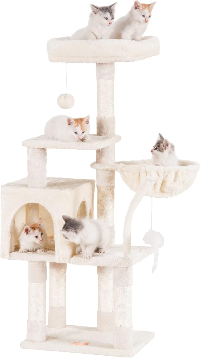 Heybly Cat Tree with Toy, Cat Tower condo for Indoor Cats, Cat House with Padded Plush Perch, Cozy Hammock and Sisal Scratching Posts, Beige HCT004SM