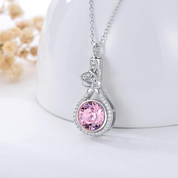 AOBOCO Butterfly Urn Necklace for Ashes 925 Sterling Silver Butterfly Cremation Jewelry Memorial Keepsake Pendant with 12 Months Birthstone Crystal from Austria