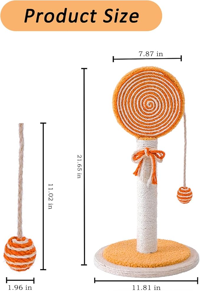 Cat Scratching Post, 22” Cute Kittens Scratch Posts with Hanging Ball, Sturdy Post & Stable Base, Ideal for Indoor Cats, Small & Large Sizes Kitty Available, Orange
