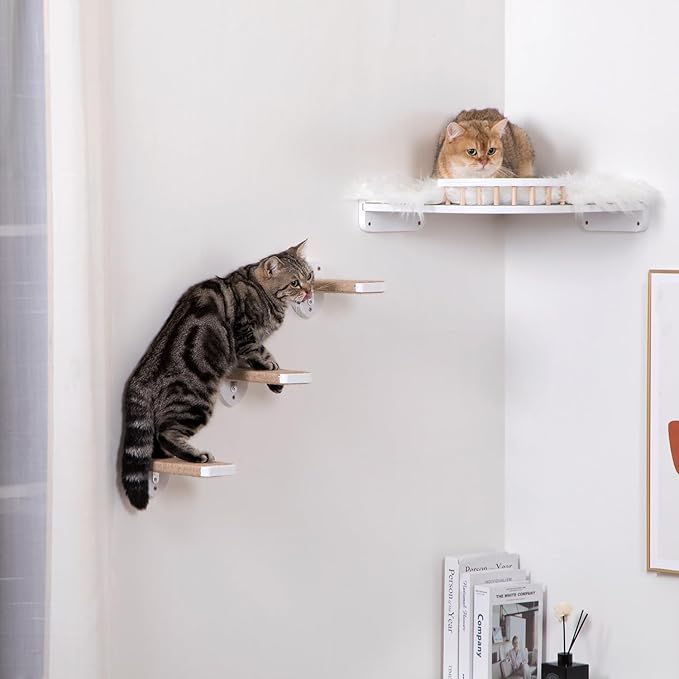 3pcs Cat Wall Steps, Cat Climbing Wall Mounted Cat Furniture, Cat Wall Shelves Cat Steps for Wall with Hemp Rope Covered, Solid Wood Cat Ladder for Cats Playing and Climbing (Large-White)