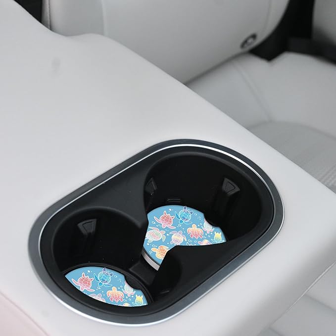 2 Pack Absorbent Car Coasters for Cup Holders,2.56" Ceramic Coasters with Cork Back and Finger Slot,Cute Sea Turtles Pattern Auto Accessories for Women & Men.