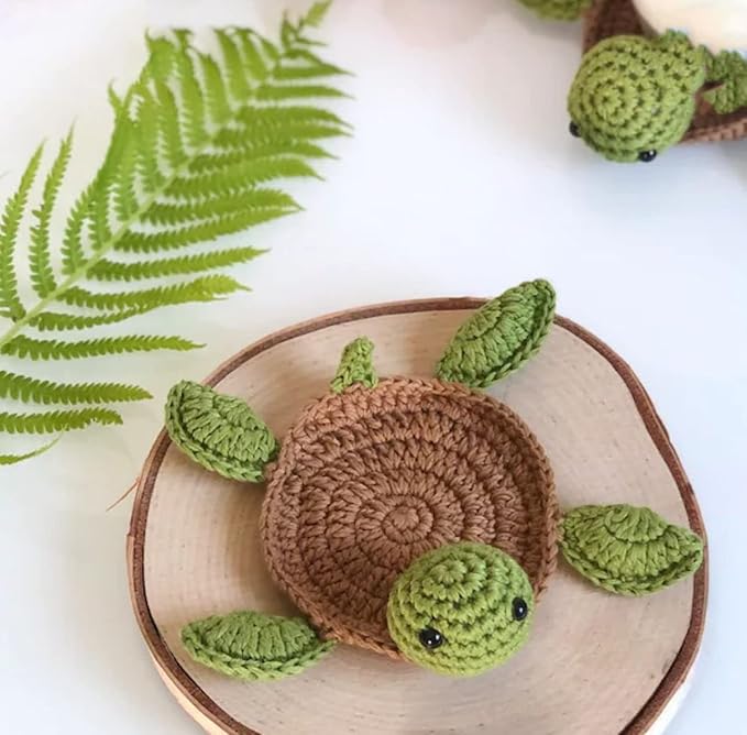 4 Pcs Crochet Tortoise Coasters for Drinks, Funny Handmade Woven Coaster Set, Cute Turtle Shaped Mug Cup Mat Table Desk Decoration