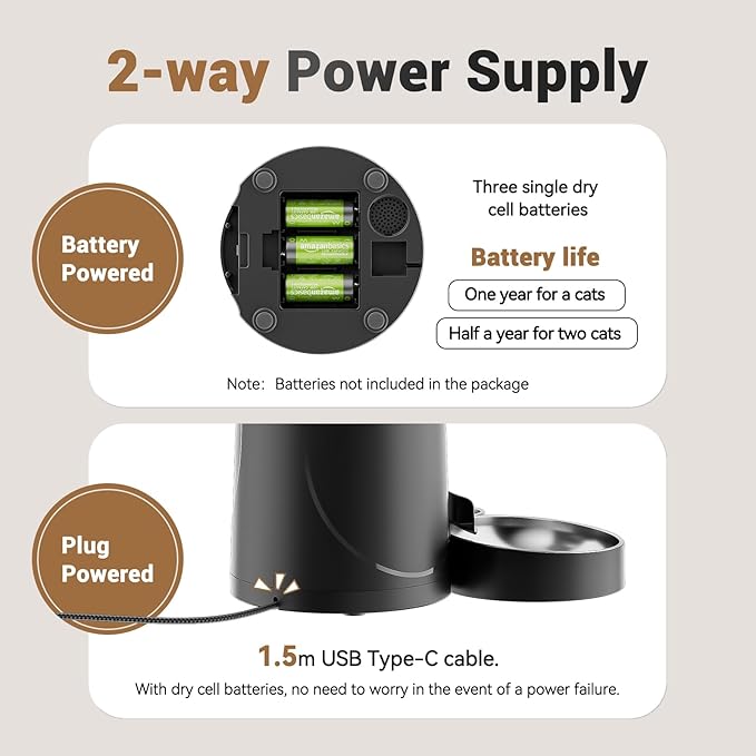 Automatic Cat Feeder 2 Cats: Dual Auto Timed Feeder | 16 Cups/4L for Cat & Small Dog Food Dispenser | Dual Power& Easy Clean | 1-6 Meals Portion Control