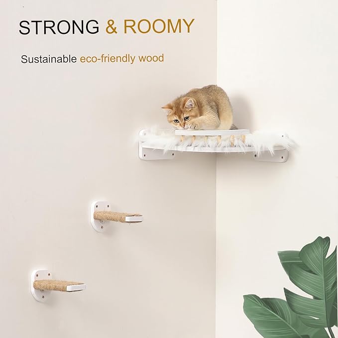 Cat Wall Shelves, Cat Shelves and Perches for Wall, Cat Wall Furniture, Corner Cat Shelf with 3 Steps Scratch Post, Cat Bed Hammock with Plush Covered, Climbing Shelf for Indoor Cats (White)
