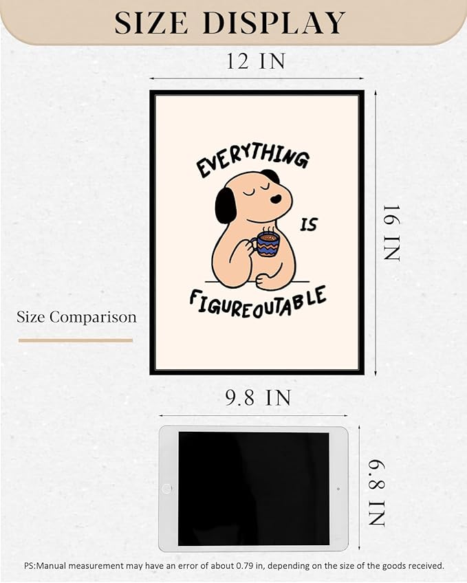 12"x16" Cozy Cute Motivational Framed Canvas Inspirational Wall Art, Uplifting “Everything Is Figureoutable” Wall Decor, Positive Quote Dog Coffee Modern Artwork Home Office Decor