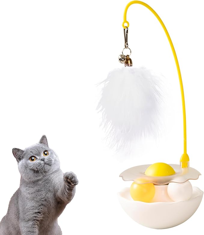 3-in-1 Tumbler Catnip Toy Interactive Cat Toys Cat Teaser with Feather and Bell, Track Balls Kitten Toys for Indoor Cats 9.8'' High (White)