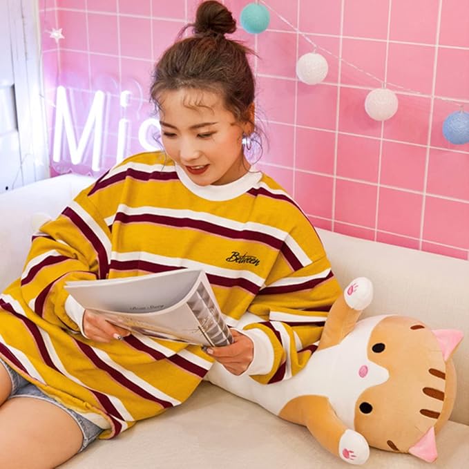 43.32in Long Yellow Cat Plush Pillow Toy Sleeping Pillow Cute Cartoon Cat Stuffed Animals Soft Long Body Pillow Gift for Kids Adults