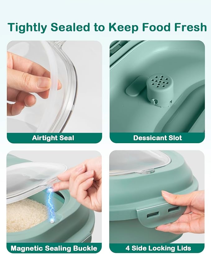 20-50 Lbs Food Storage Containers,Collapsible Rice Container with Wheel Airtight Locking Lid,Flour Storage Container with Small Food Container and Scoop,Suitable for Food,Rice,Pet Food,Flour