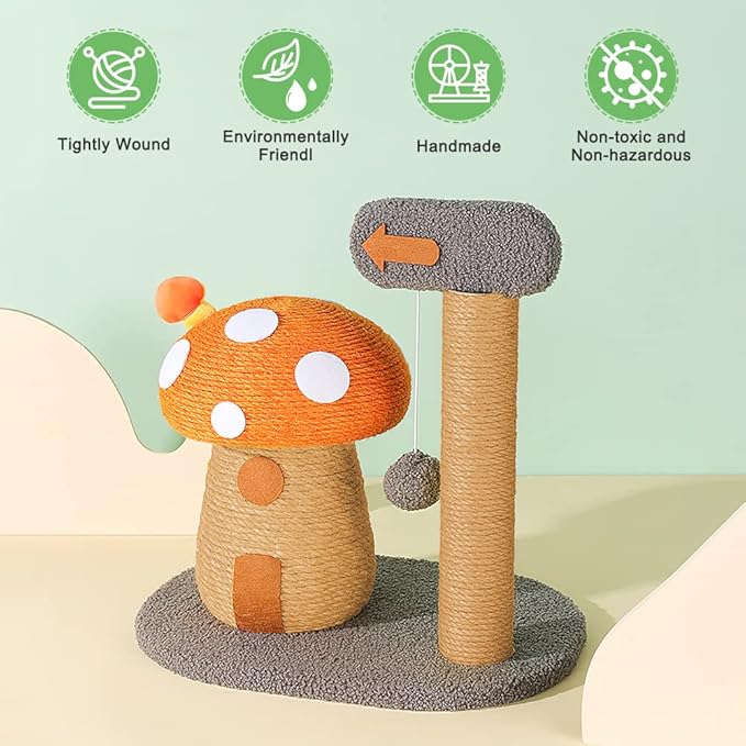 RAIN QUEEN Mushroom Cat Scratcher Post, Mushroom Cat Tree & Cat Toys, Scratching Posts for Indoor Cats with Natural Sisal Rope Cat Tower to Satisfy Cats’ Claw Instincts, for Kittens Or Smaller Catcat