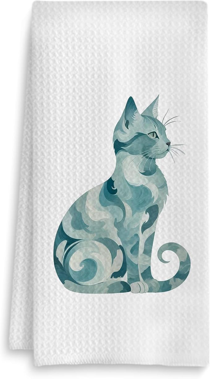 Abstract Blue Swirl Cat Kitchen Towel, Kitten Hand Towel Dish Towel, Pet Gifts for Women Mom Lady Girls, Cat Bathroom Kitchen Decor, 16x24 Inch